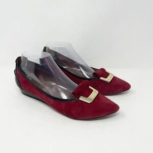 Donald Pliner Nila Pointed Toe Flat Wms 8.5M Red Suede Gold Buckle 80s Career